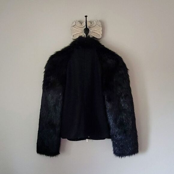 Michael Kors Yeti Faux Rabbit Fur Sleeve & Wool Moto Turnlock Jacket in Black - Picture 10 of 16